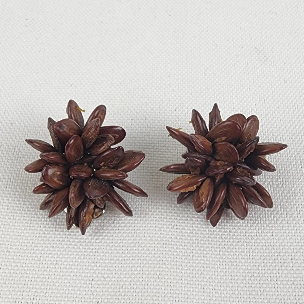 Vintage Brown Seed Beaded Flower Clip On Earrings